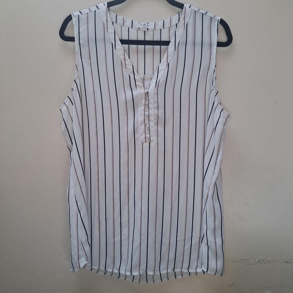 Maurices Womens XL Sleeveless V-Neck Striped Blouse White Black Pink H1019